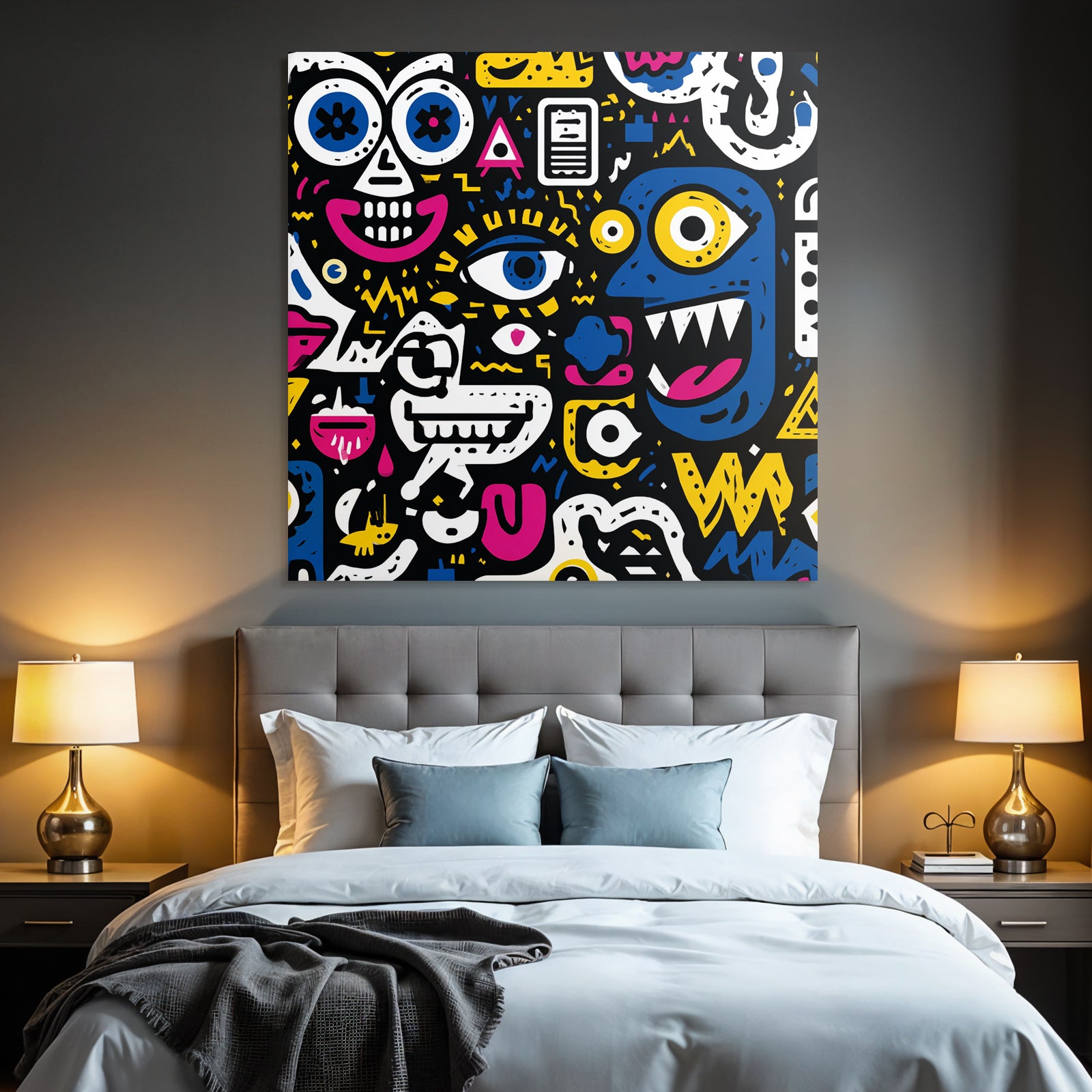 PopArt Bunte Abstrakte Kunst Mit Cartoon Gesichtern Und Farbenfrohen Symbolen