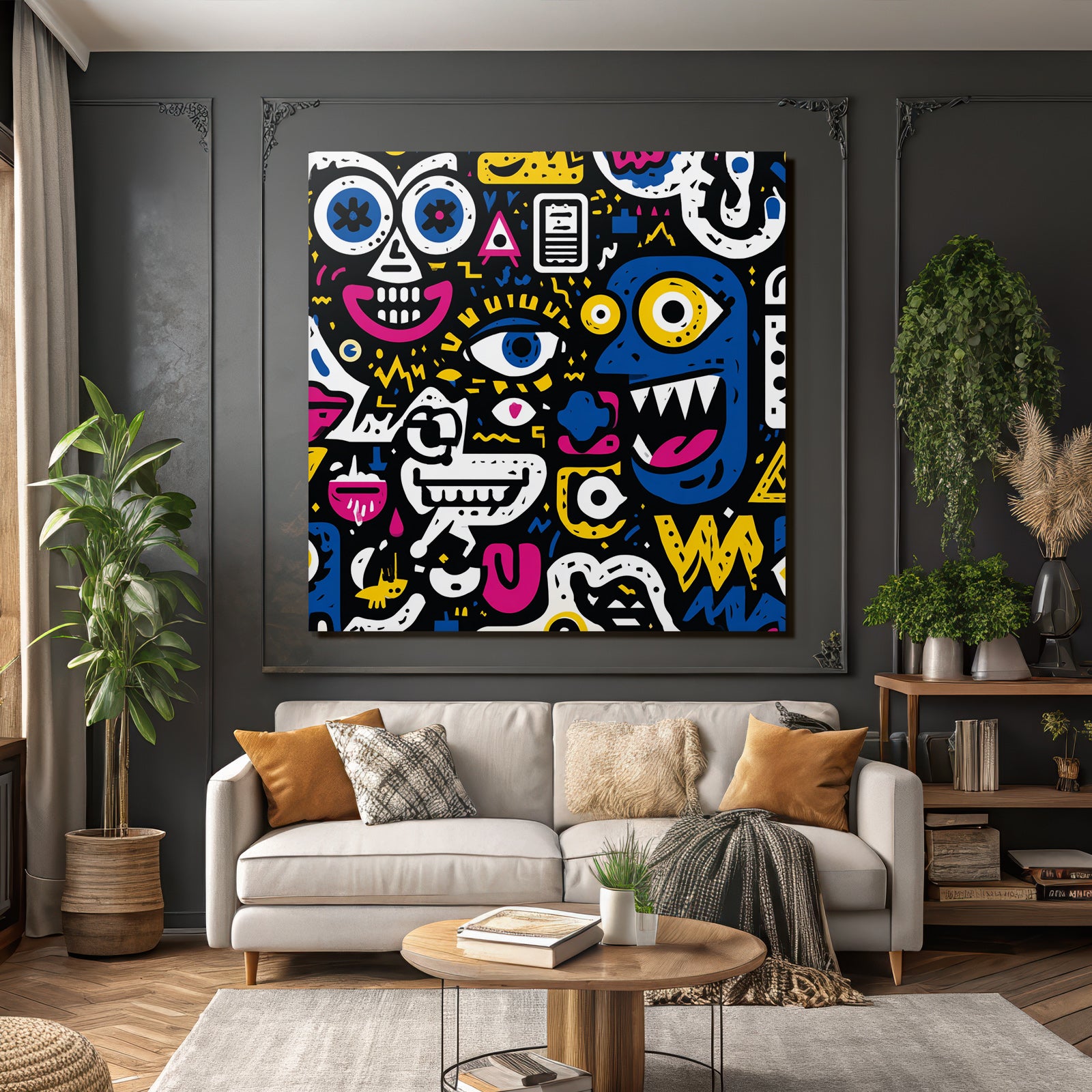 PopArt Bunte Abstrakte Kunst Mit Cartoon Gesichtern Und Farbenfrohen Symbolen