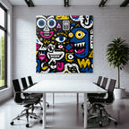 PopArt Bunte Abstrakte Kunst Mit Cartoon Gesichtern Und Farbenfrohen Symbolen