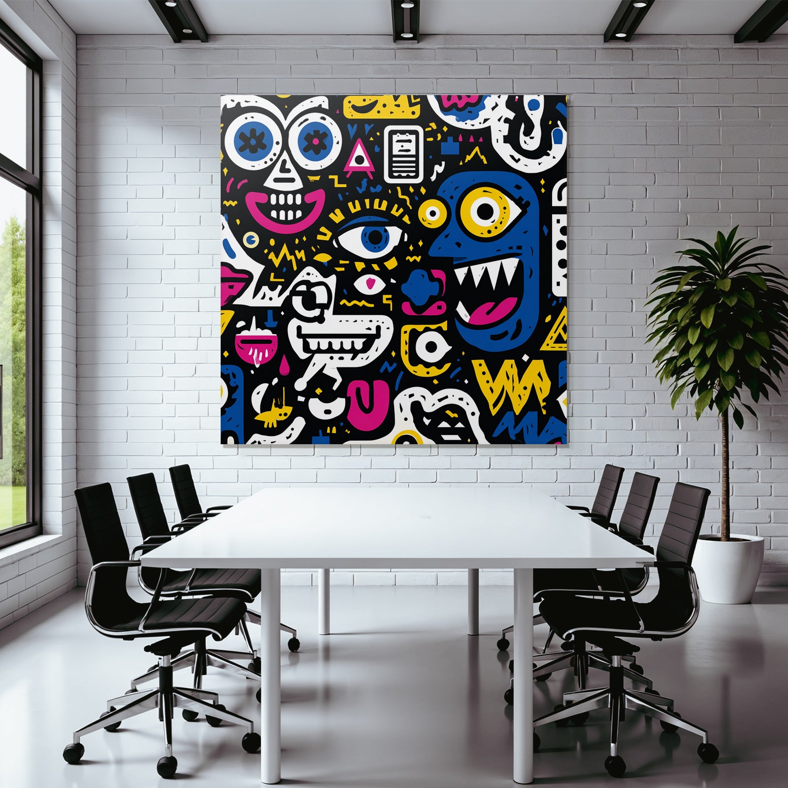 PopArt Bunte Abstrakte Kunst Mit Cartoon Gesichtern Und Farbenfrohen Symbolen