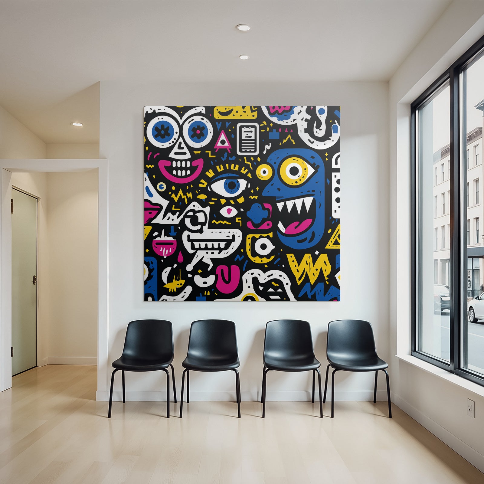 PopArt Bunte Abstrakte Kunst Mit Cartoon Gesichtern Und Farbenfrohen Symbolen