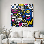 PopArt Bunte Abstrakte Kunst Mit Cartoon Gesichtern Und Farbenfrohen Symbolen