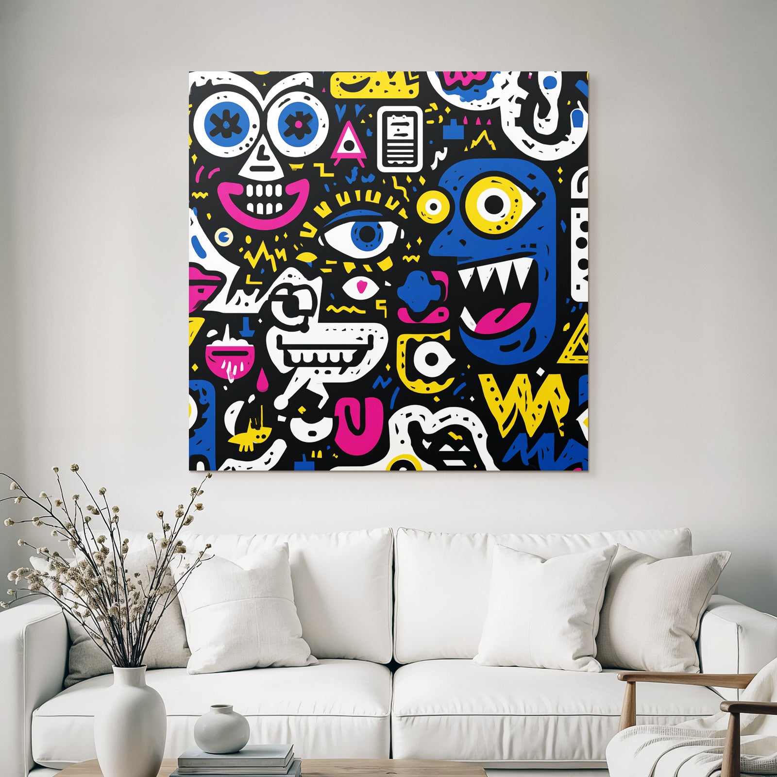 PopArt Bunte Abstrakte Kunst Mit Cartoon Gesichtern Und Farbenfrohen Symbolen