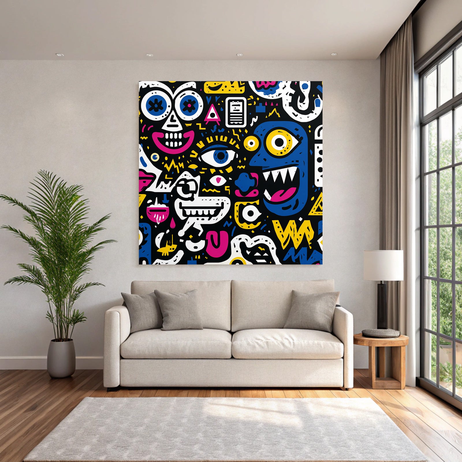 PopArt Bunte Abstrakte Kunst Mit Cartoon Gesichtern Und Farbenfrohen Symbolen
