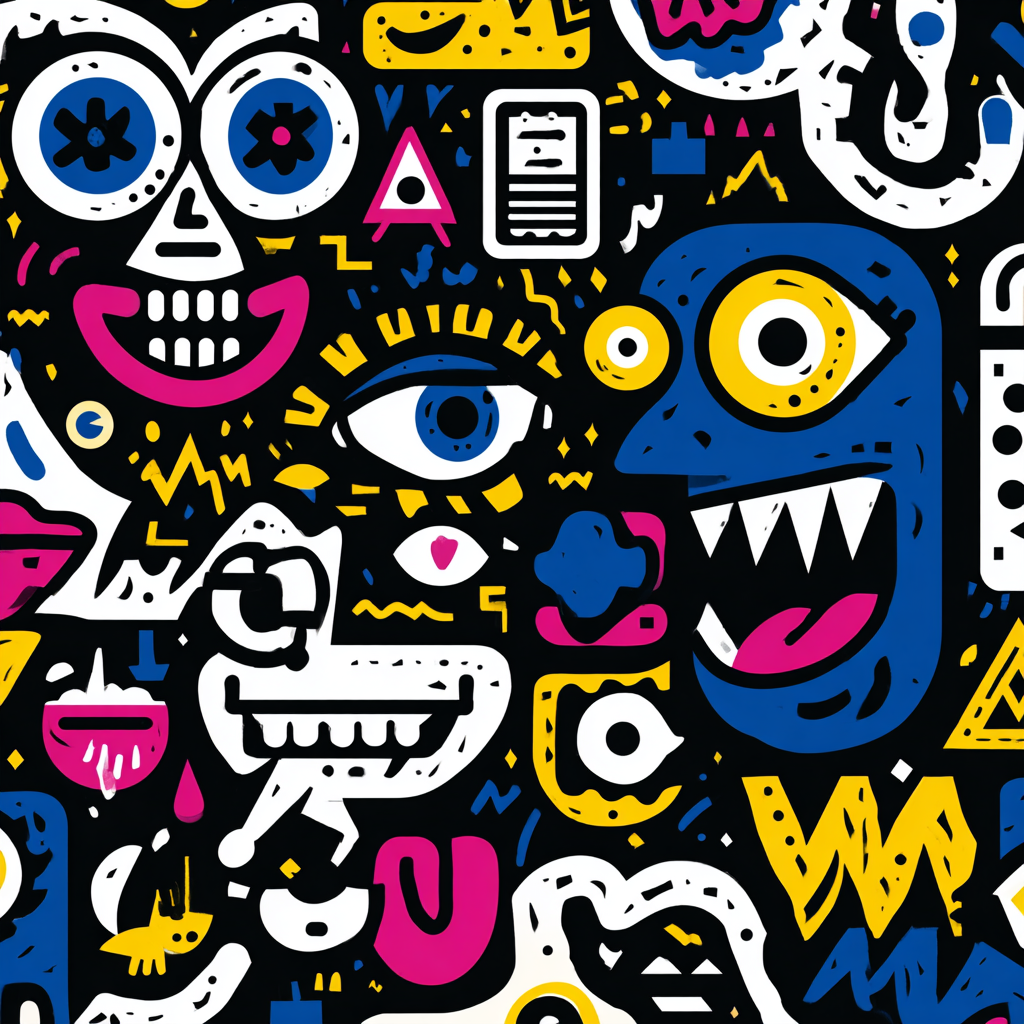 PopArt Bunte Abstrakte Kunst Mit Cartoon Gesichtern Und Farbenfrohen Symbolen | Pop Art | Stilrichtungen