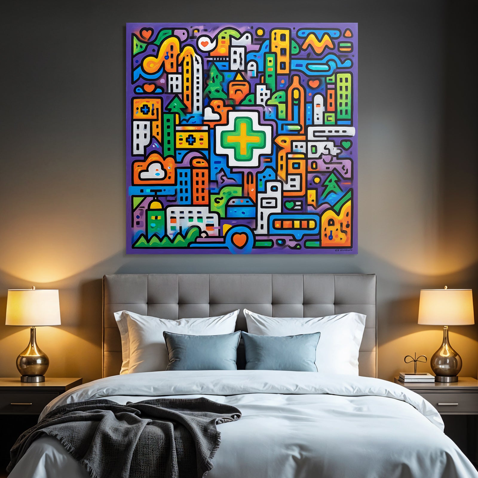 PopArt Bunte Abstrakte Stadtlandschaft Mit Grünem Kreuz