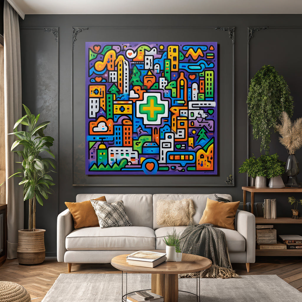 PopArt Bunte Abstrakte Stadtlandschaft Mit Grünem Kreuz