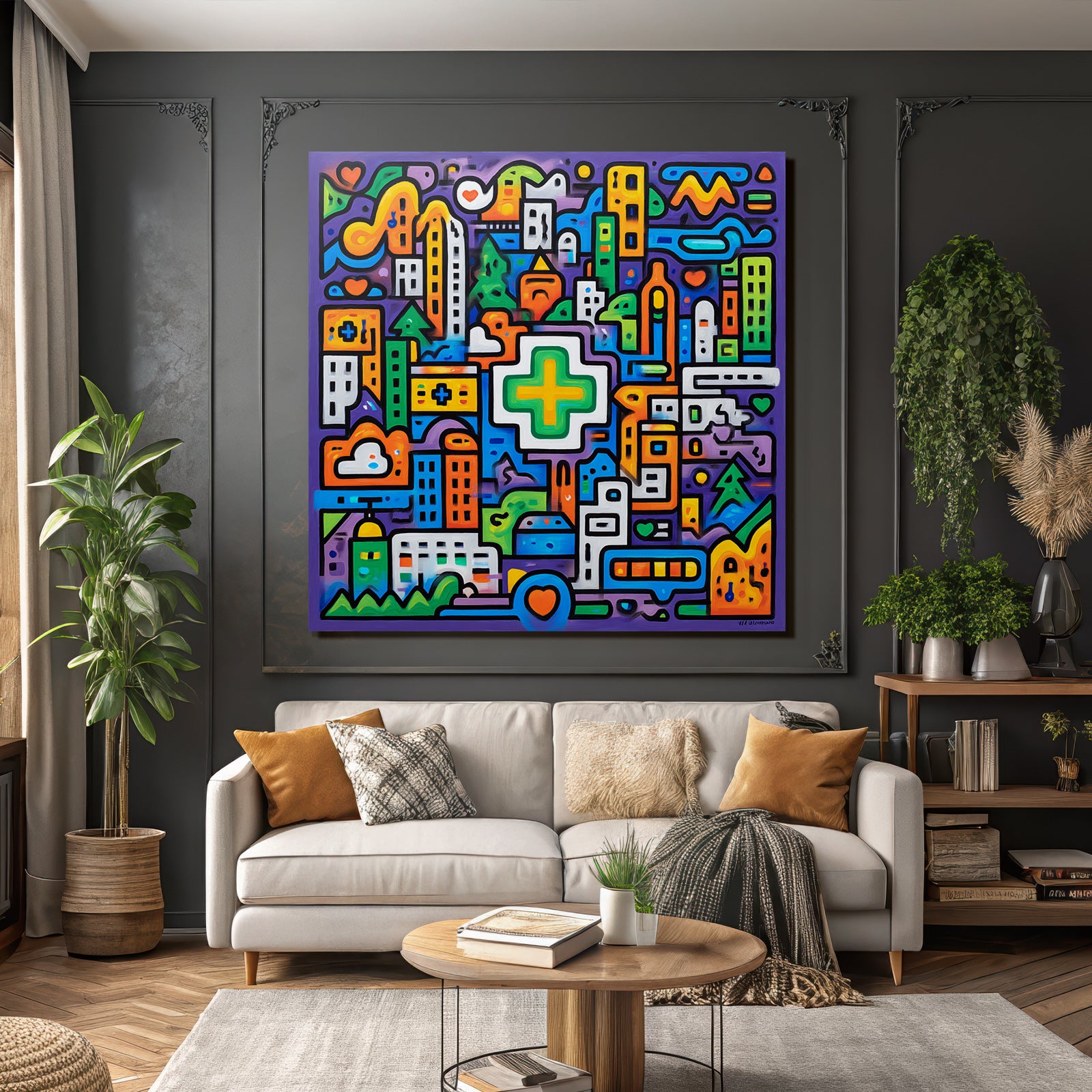 PopArt Bunte Abstrakte Stadtlandschaft Mit Grünem Kreuz