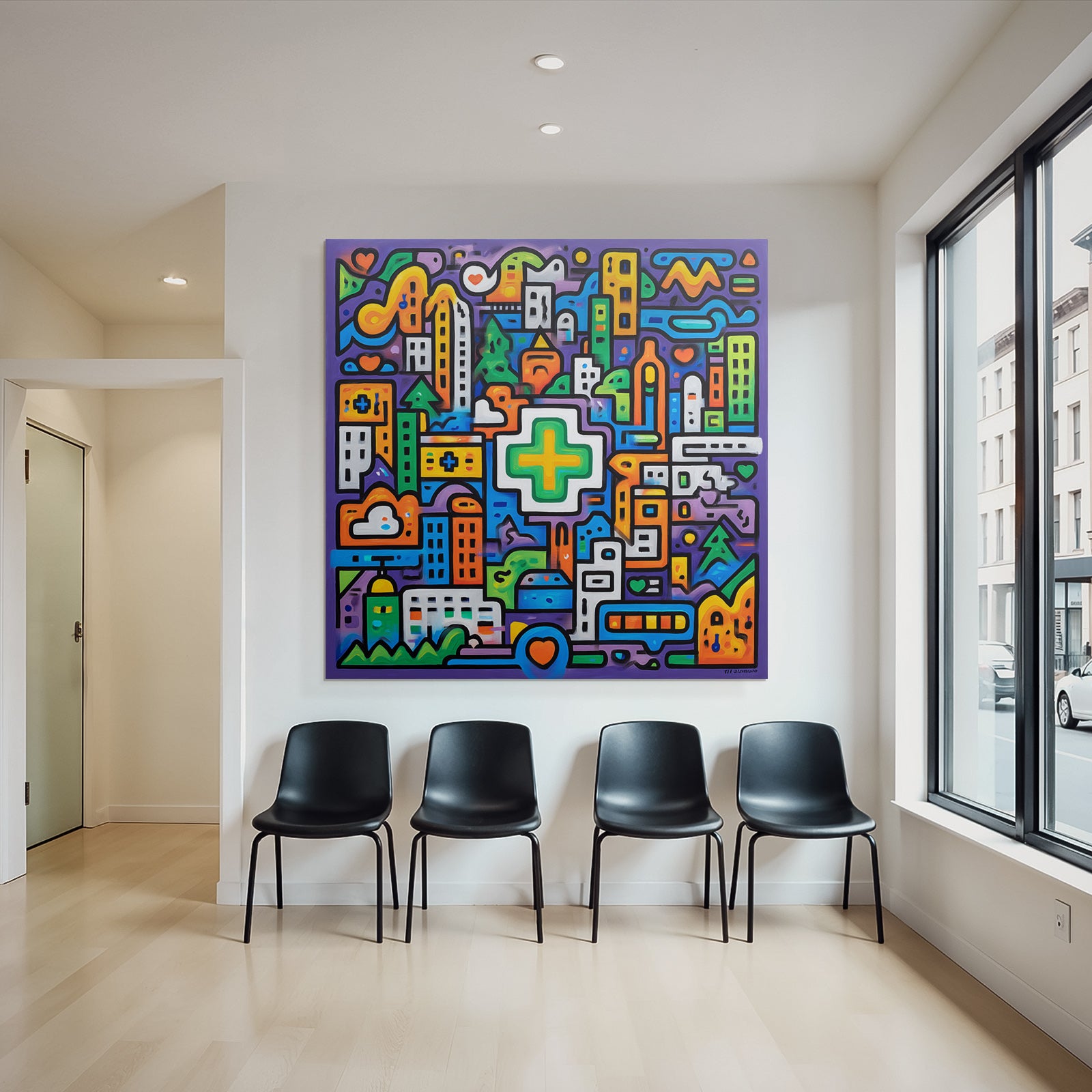 PopArt Bunte Abstrakte Stadtlandschaft Mit Grünem Kreuz