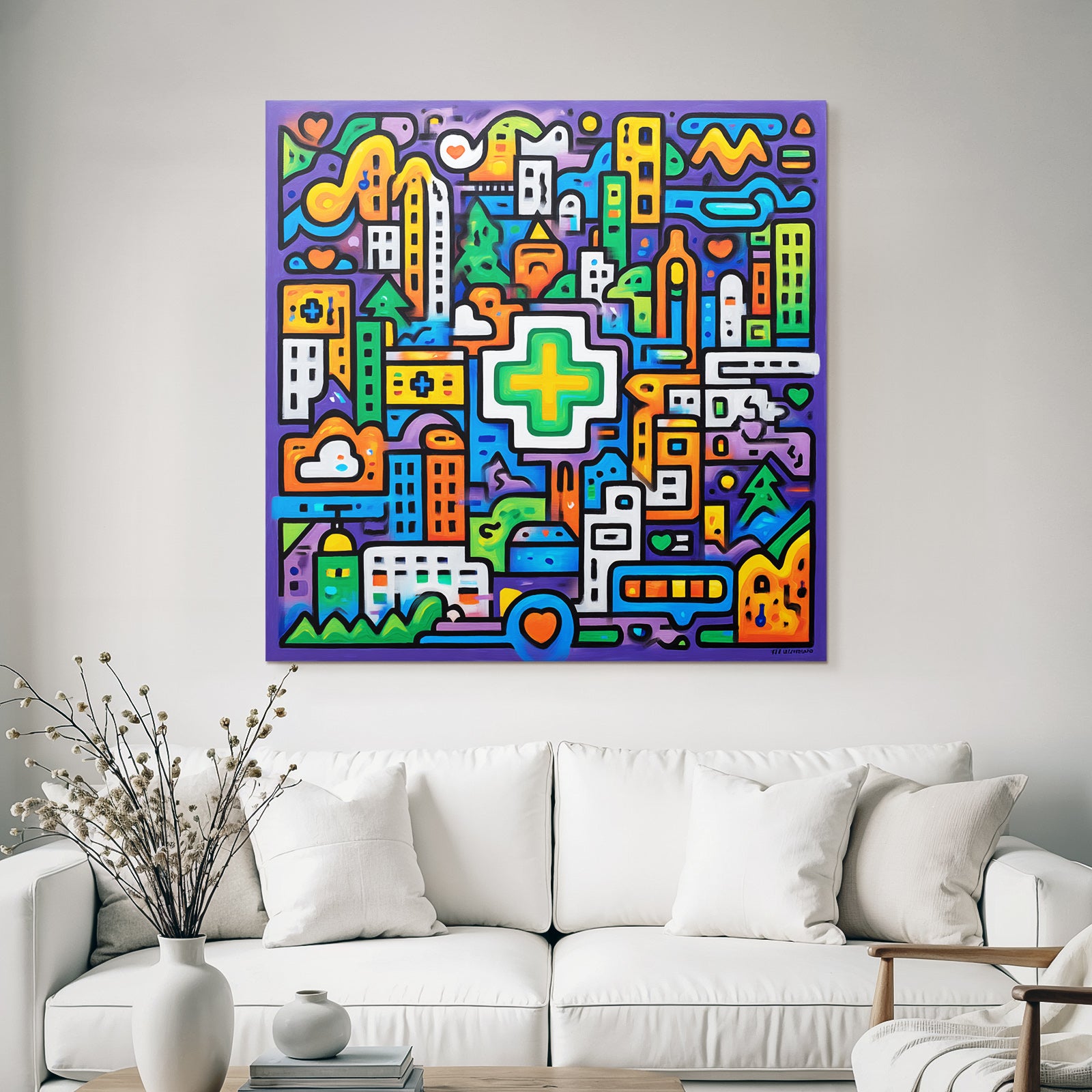 PopArt Bunte Abstrakte Stadtlandschaft Mit Grünem Kreuz