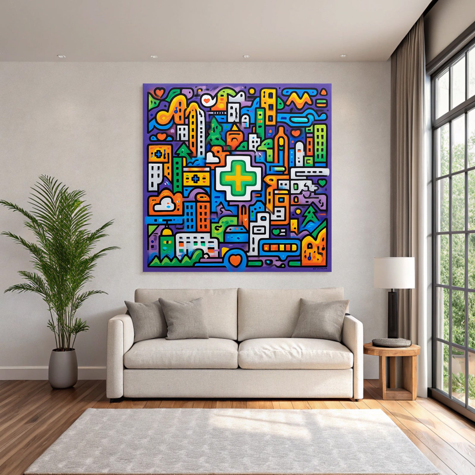 PopArt Bunte Abstrakte Stadtlandschaft Mit Grünem Kreuz
