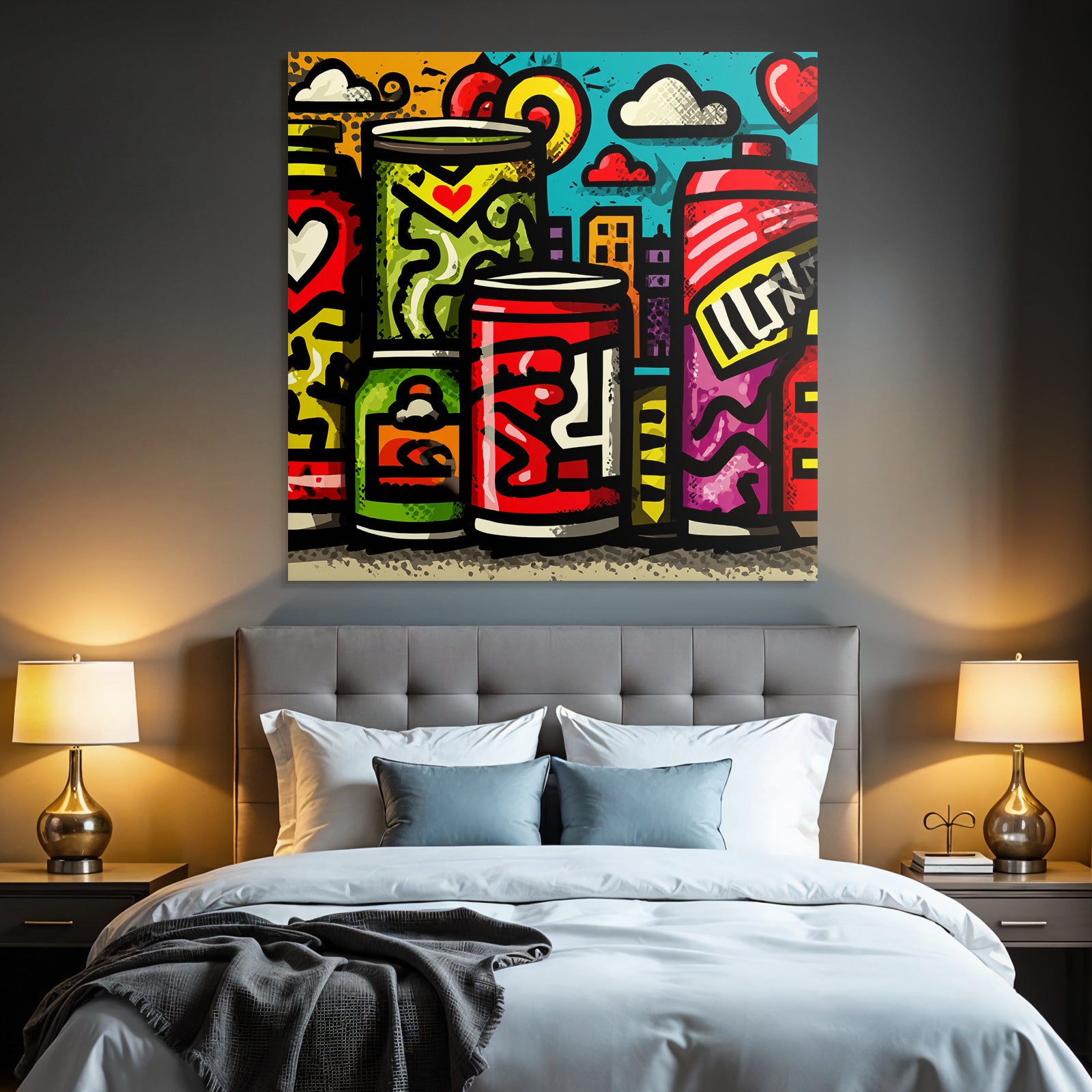 PopArt Bunte Dosen Street Art Urbaner Himmel Und Gebaeude