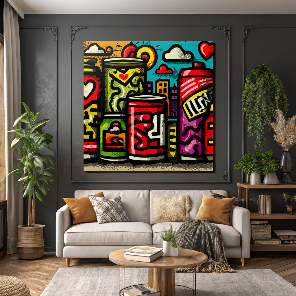 PopArt Bunte Dosen Street Art Urbaner Himmel Und Gebaeude