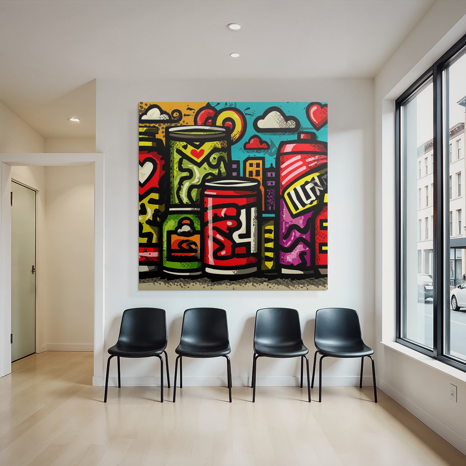 PopArt Bunte Dosen Street Art Urbaner Himmel Und Gebaeude