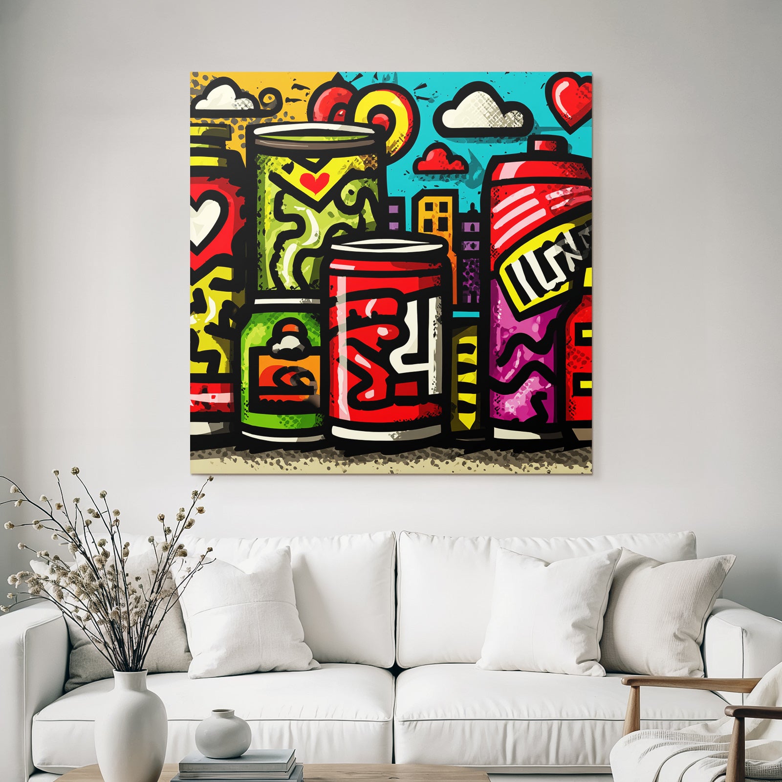 PopArt Bunte Dosen Street Art Urbaner Himmel Und Gebaeude