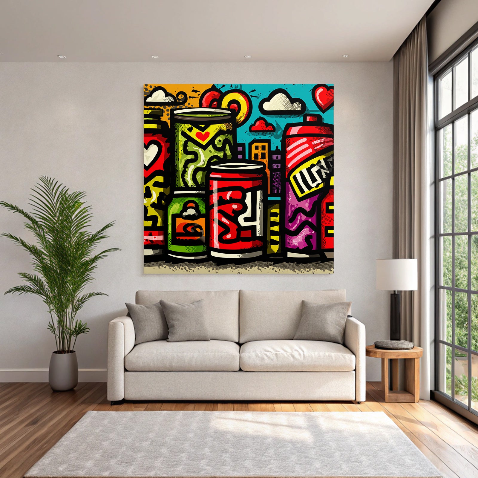 PopArt Bunte Dosen Street Art Urbaner Himmel Und Gebaeude