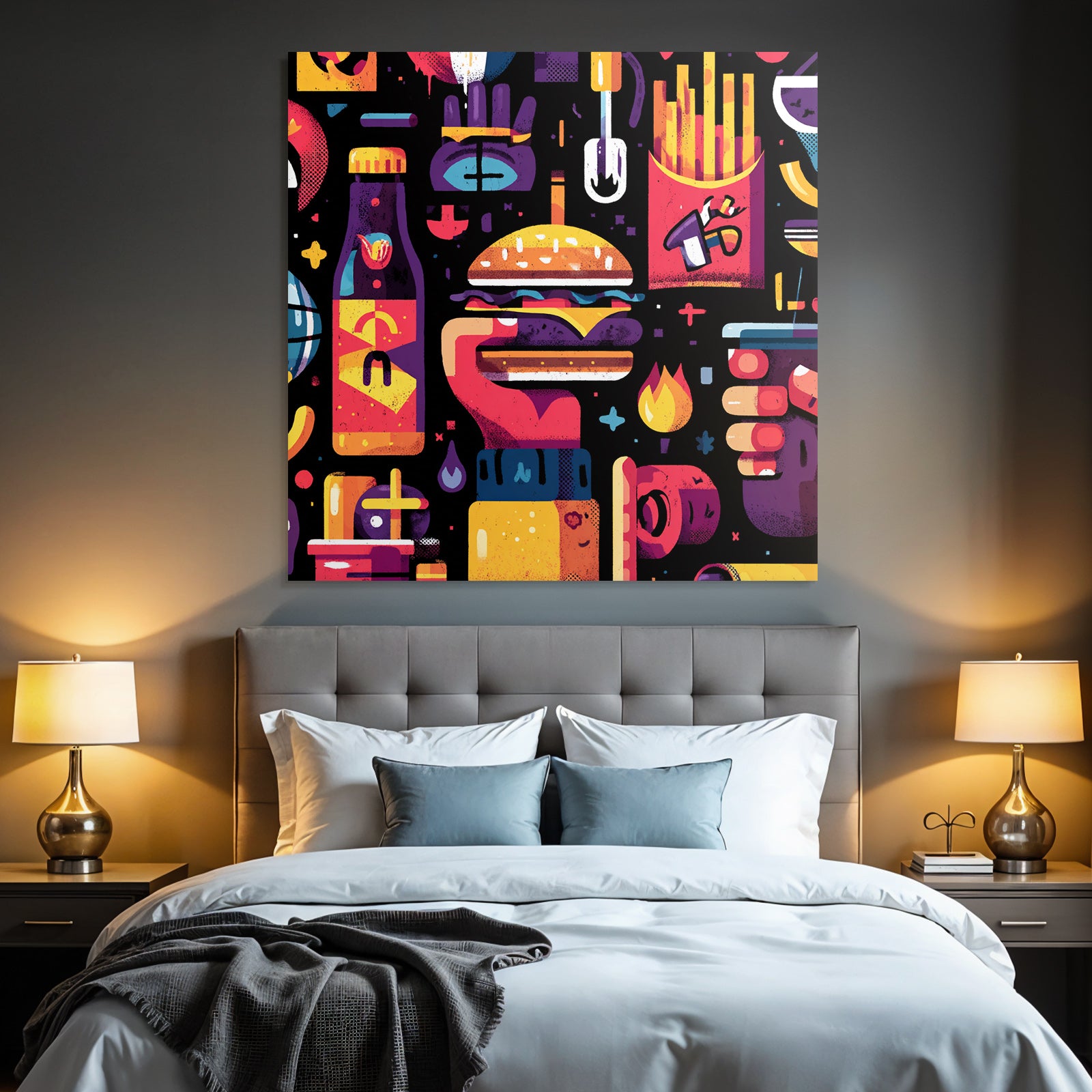 PopArt Buntes Fastfood Illustration Hamburger Fries Flaschen Behälter