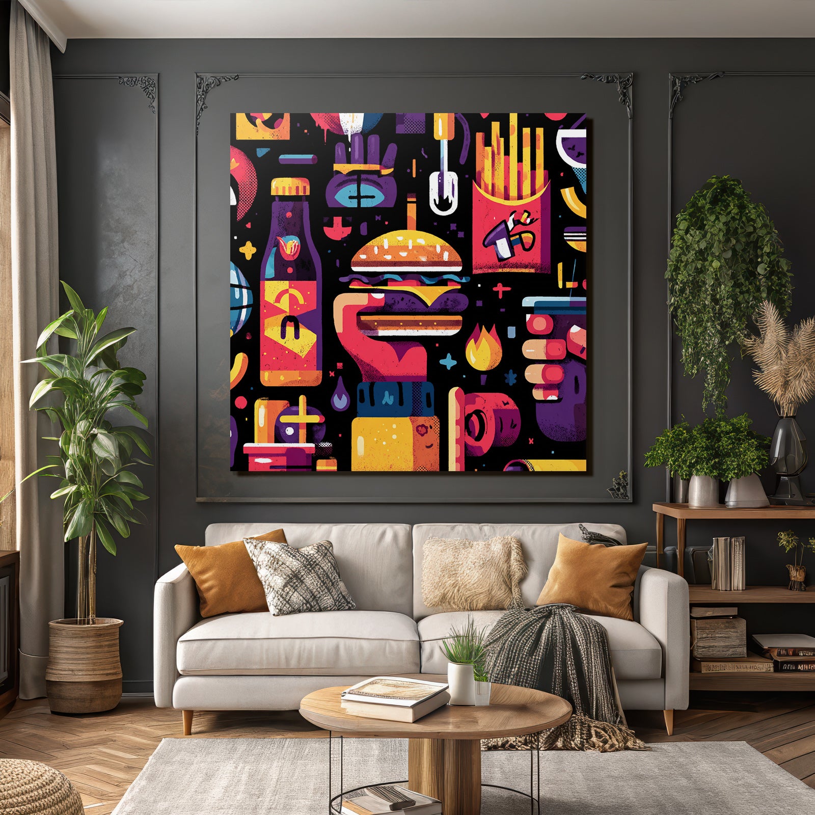 PopArt Buntes Fastfood Illustration Hamburger Fries Flaschen Behälter