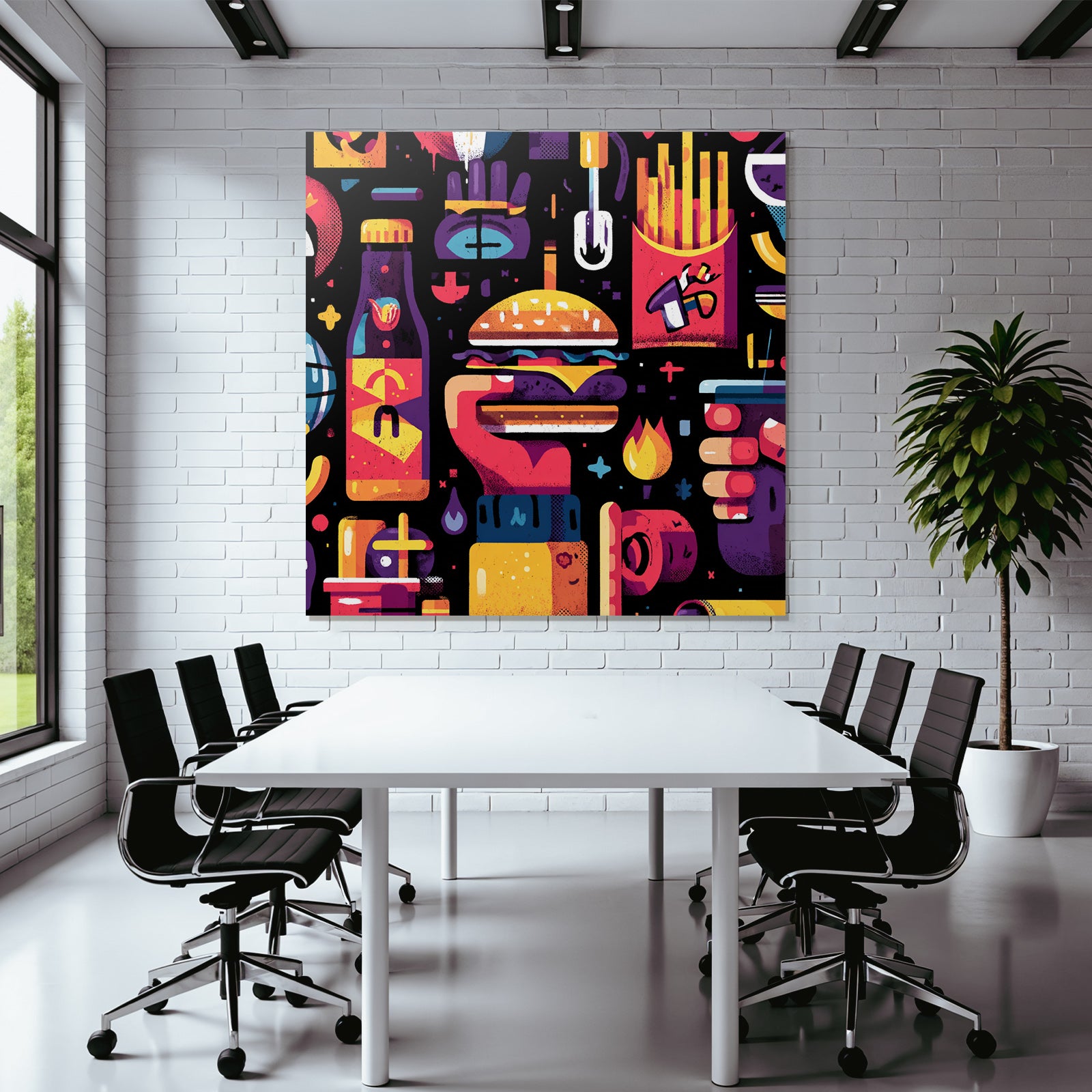 PopArt Buntes Fastfood Illustration Hamburger Fries Flaschen Behälter
