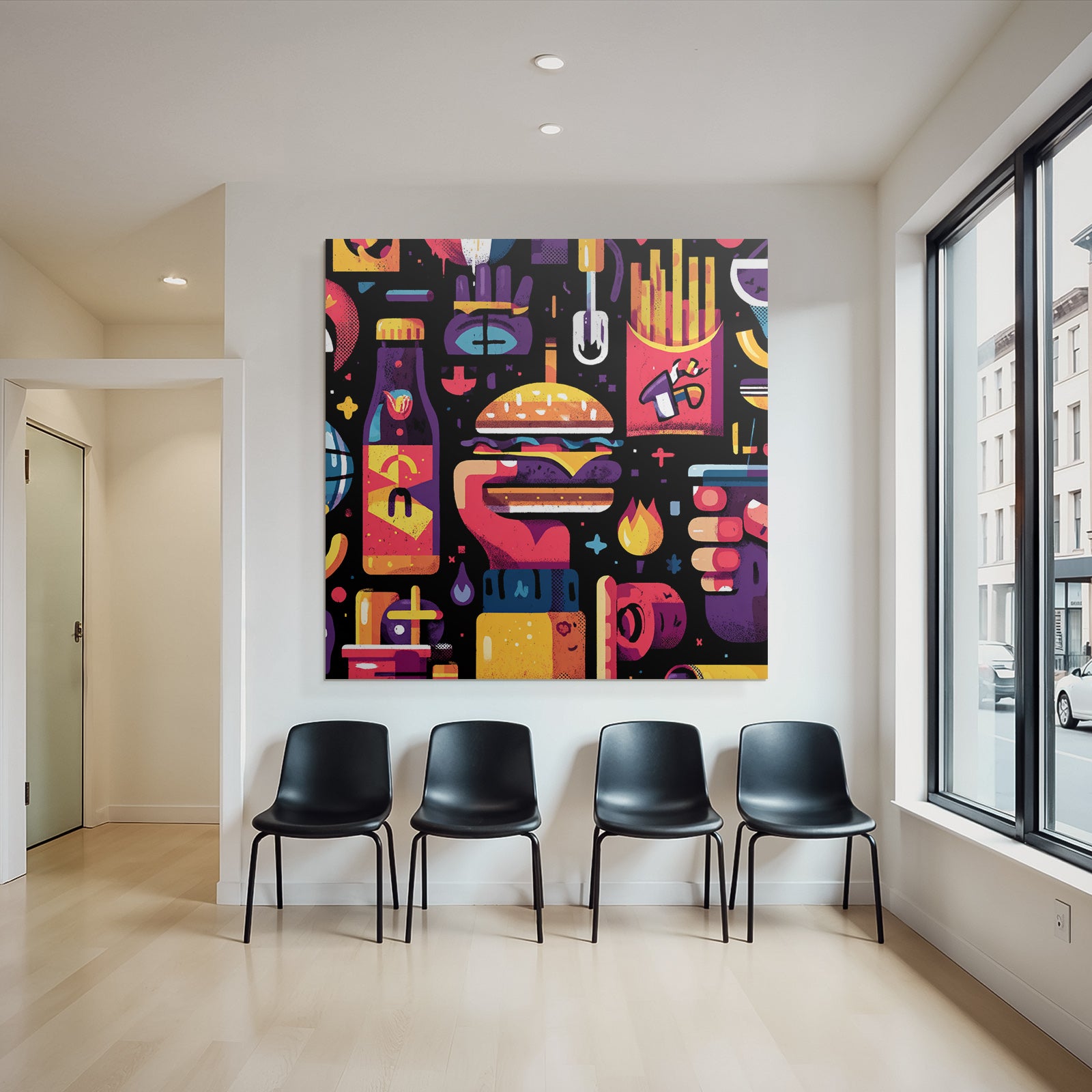 PopArt Buntes Fastfood Illustration Hamburger Fries Flaschen Behälter