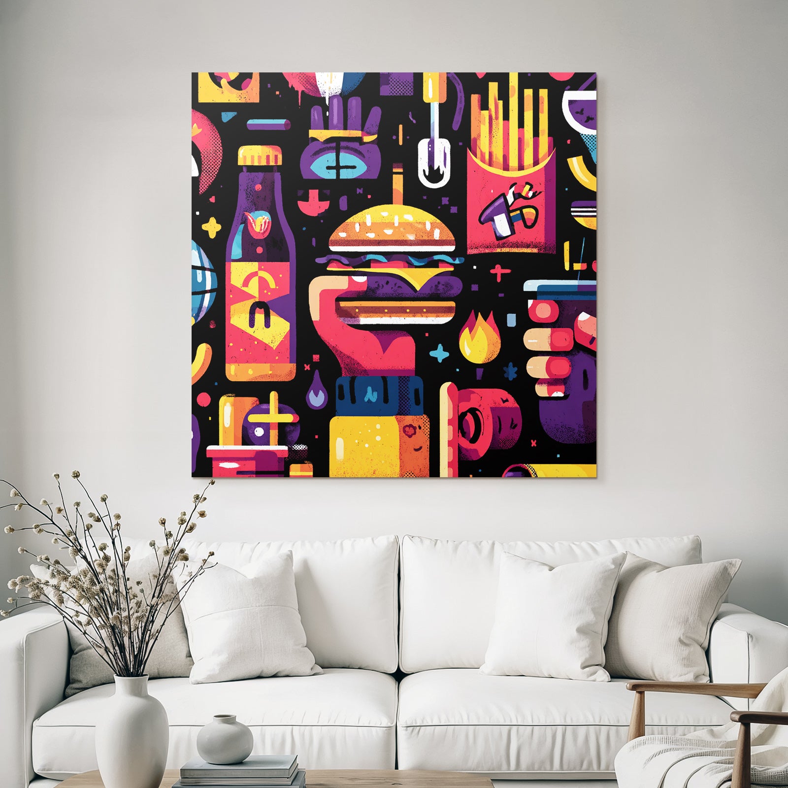 PopArt Buntes Fastfood Illustration Hamburger Fries Flaschen Behälter