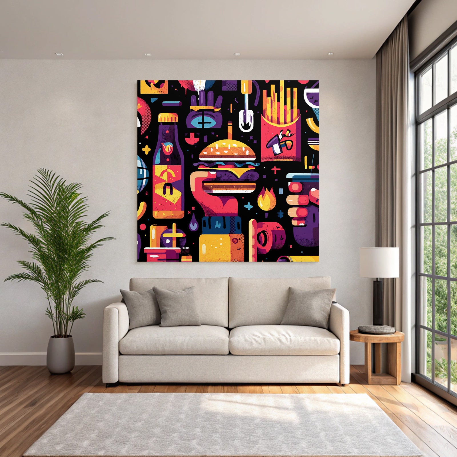 PopArt Buntes Fastfood Illustration Hamburger Fries Flaschen Behälter