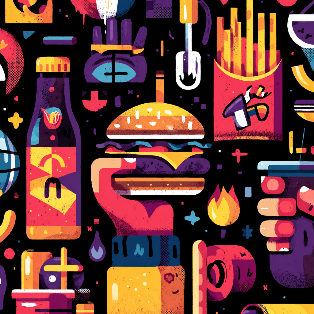 PopArt Buntes Fastfood Illustration Hamburger Fries Flaschen Behälter | Pop Art | Stilrichtungen