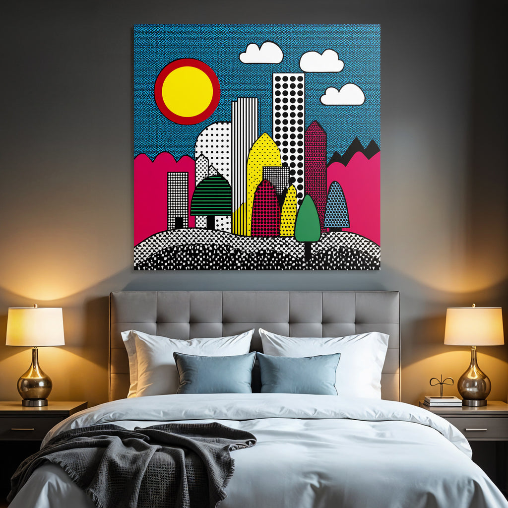PopArt Farbenfrohe Abstrakte Stadtlandschaft Mit Geometrischen Formen Und Bunten Elementen