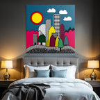 PopArt Farbenfrohe Abstrakte Stadtlandschaft Mit Geometrischen Formen Und Bunten Elementen
