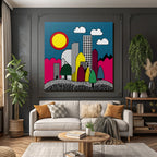 PopArt Farbenfrohe Abstrakte Stadtlandschaft Mit Geometrischen Formen Und Bunten Elementen