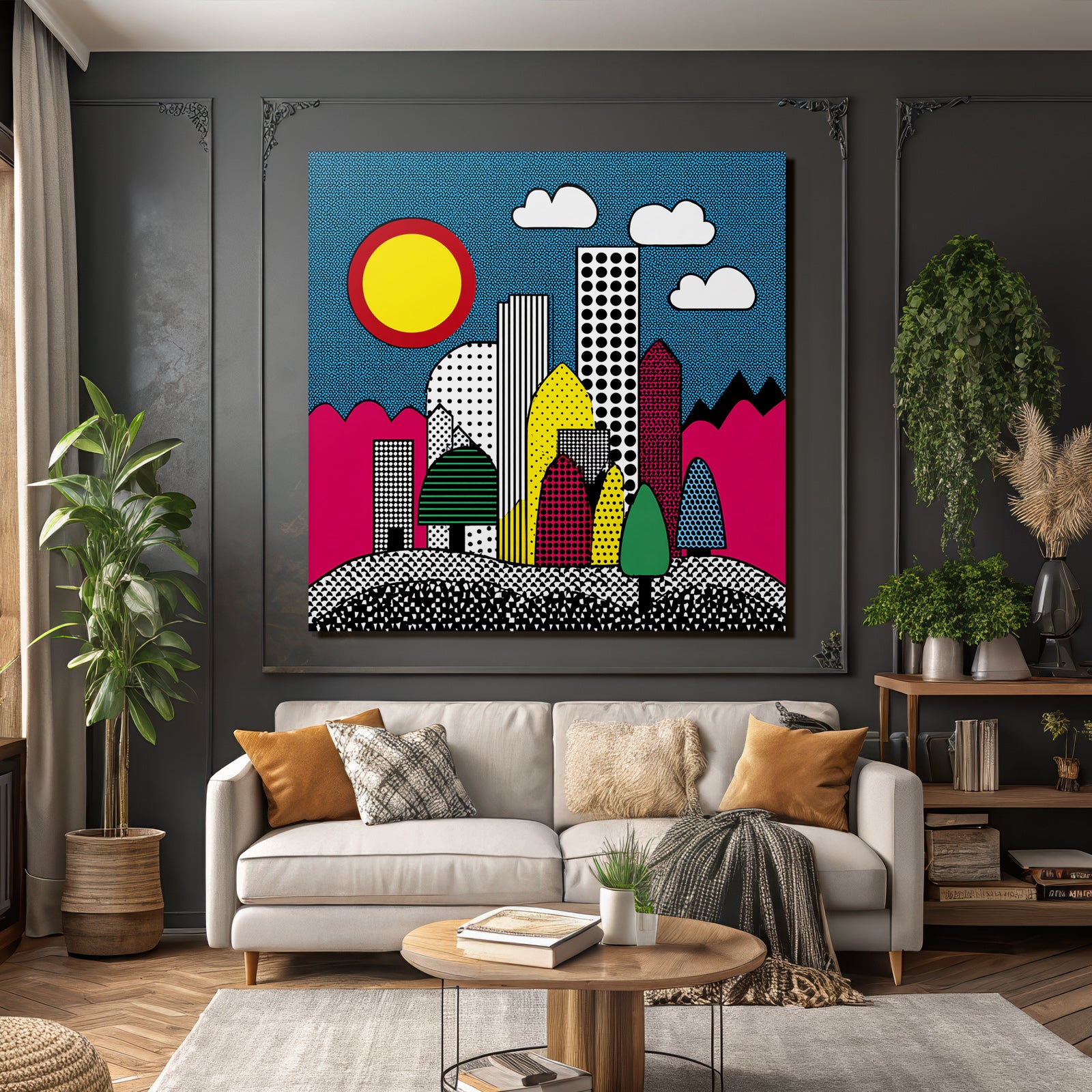 PopArt Farbenfrohe Abstrakte Stadtlandschaft Mit Geometrischen Formen Und Bunten Elementen
