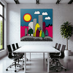 PopArt Farbenfrohe Abstrakte Stadtlandschaft Mit Geometrischen Formen Und Bunten Elementen