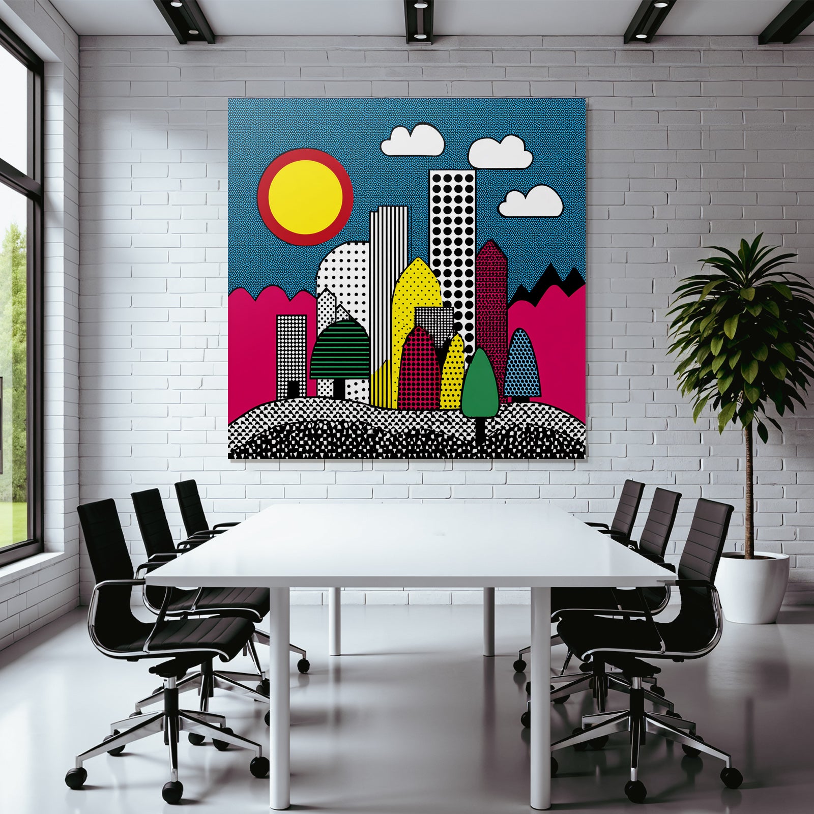 PopArt Farbenfrohe Abstrakte Stadtlandschaft Mit Geometrischen Formen Und Bunten Elementen