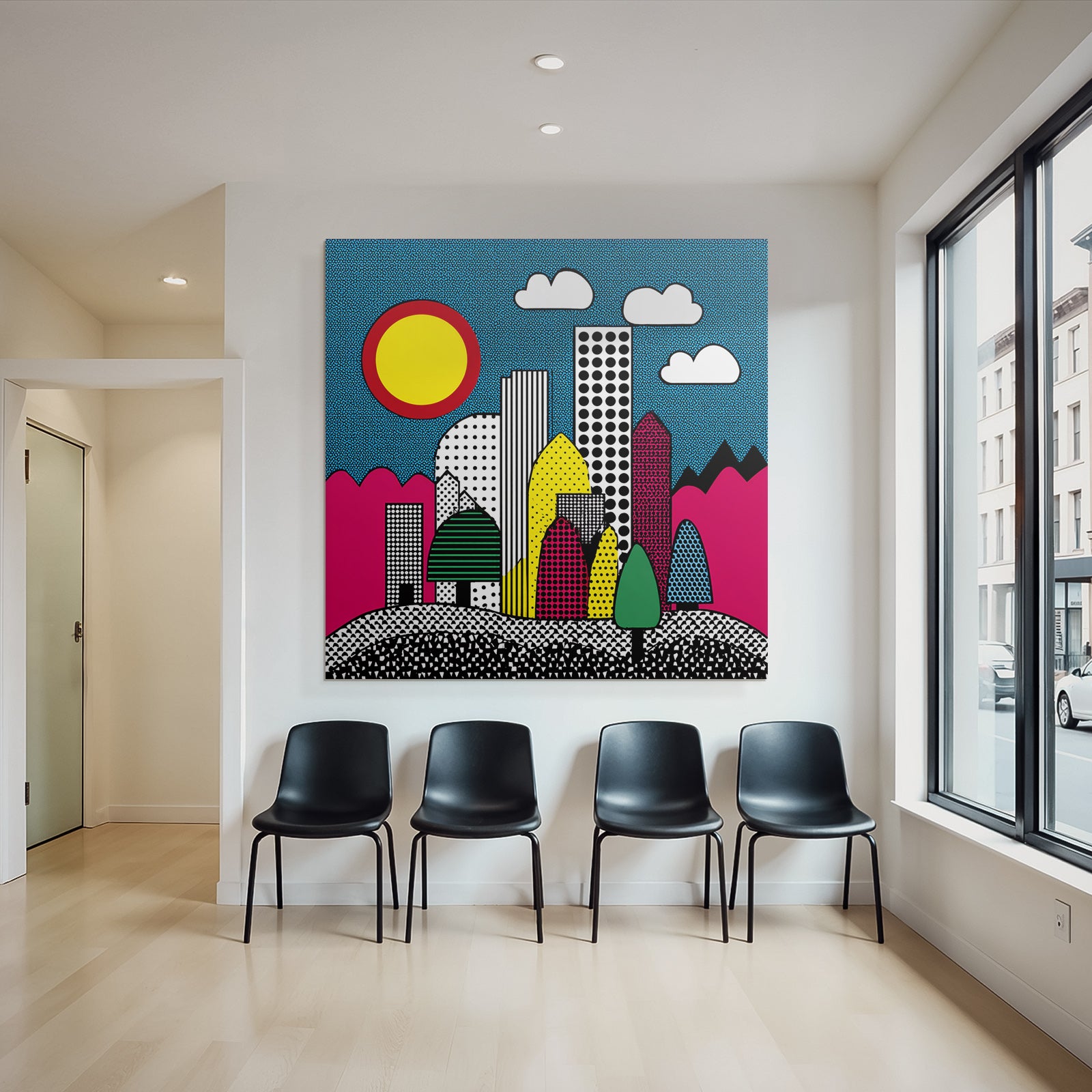 PopArt Farbenfrohe Abstrakte Stadtlandschaft Mit Geometrischen Formen Und Bunten Elementen