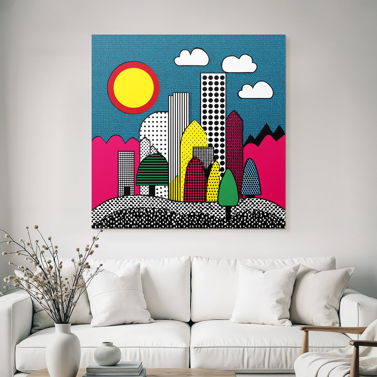 PopArt Farbenfrohe Abstrakte Stadtlandschaft Mit Geometrischen Formen Und Bunten Elementen