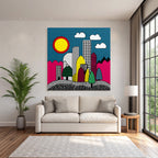 PopArt Farbenfrohe Abstrakte Stadtlandschaft Mit Geometrischen Formen Und Bunten Elementen