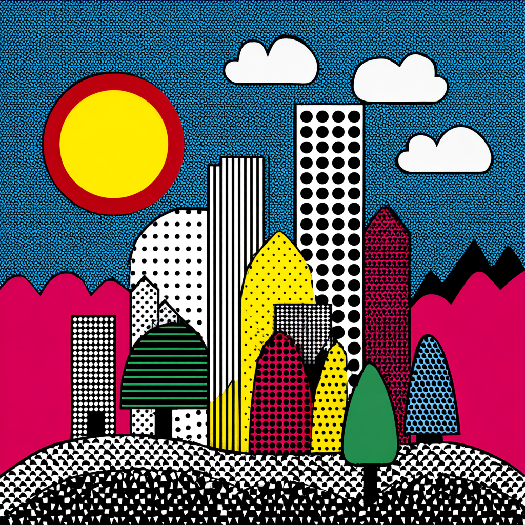 PopArt Farbenfrohe Abstrakte Stadtlandschaft Mit Geometrischen Formen Und Bunten Elementen | Pop Art | Stilrichtungen