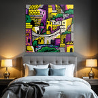 PopArt Farbenfrohe Abstrakte Stadtlandschaft Mit Gebaeuden Brön Und Natur