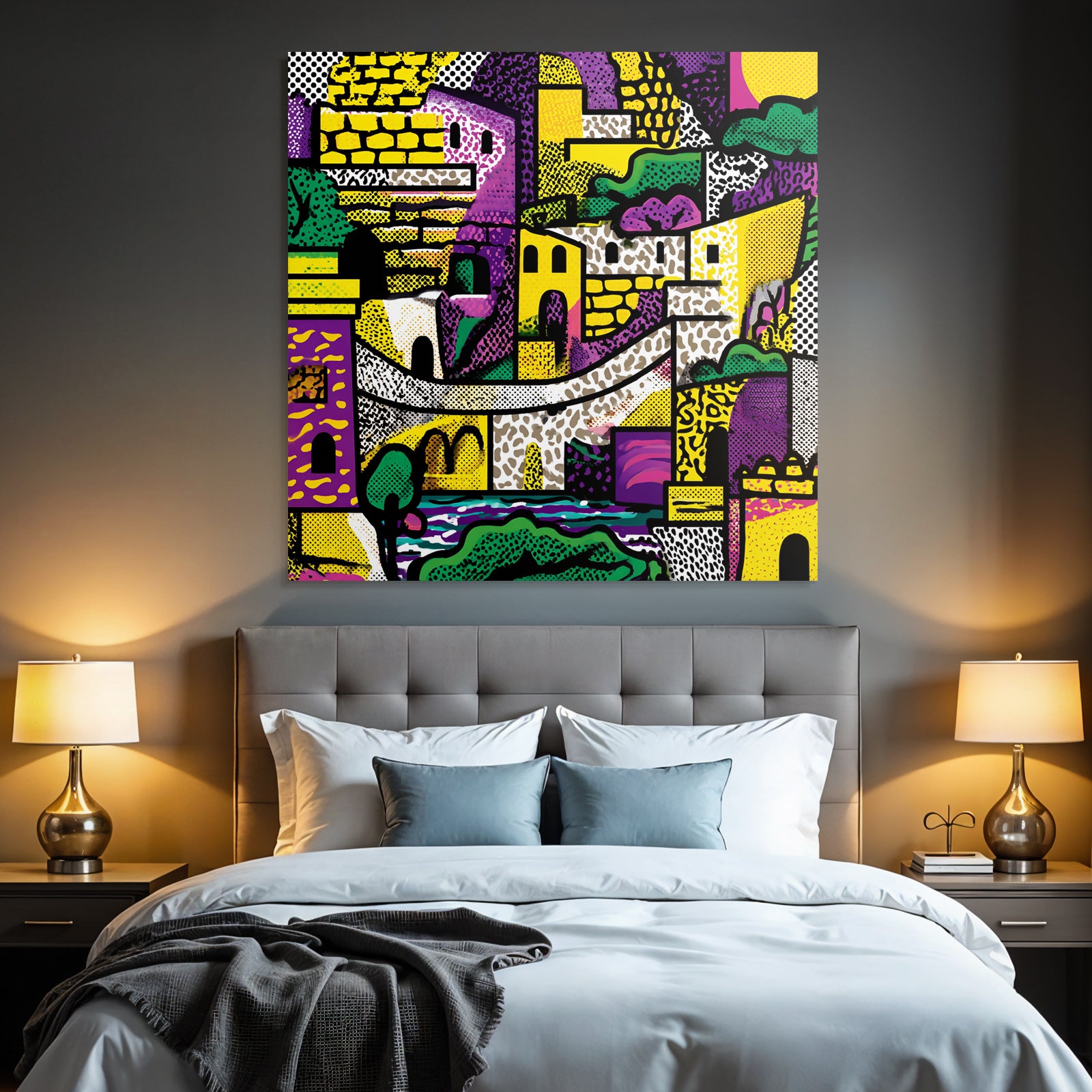 PopArt Farbenfrohe Abstrakte Stadtlandschaft Mit Gebaeuden Brön Und Natur