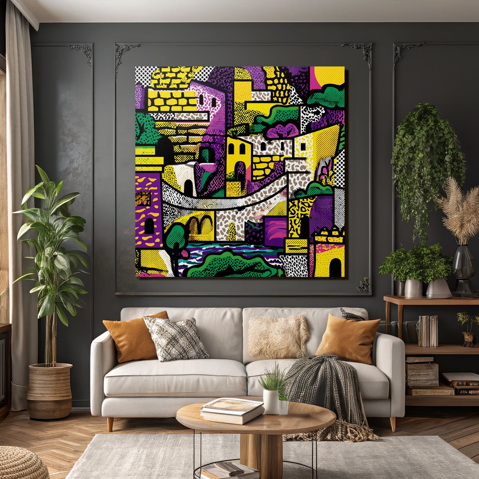 PopArt Farbenfrohe Abstrakte Stadtlandschaft Mit Gebaeuden Brön Und Natur