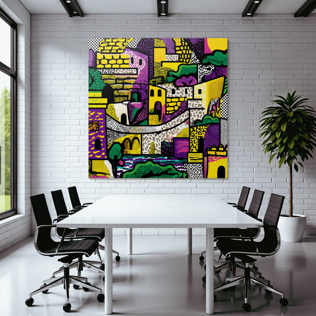 PopArt Farbenfrohe Abstrakte Stadtlandschaft Mit Gebaeuden Brön Und Natur