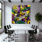 PopArt Farbenfrohe Abstrakte Stadtlandschaft Mit Gebaeuden Brön Und Natur