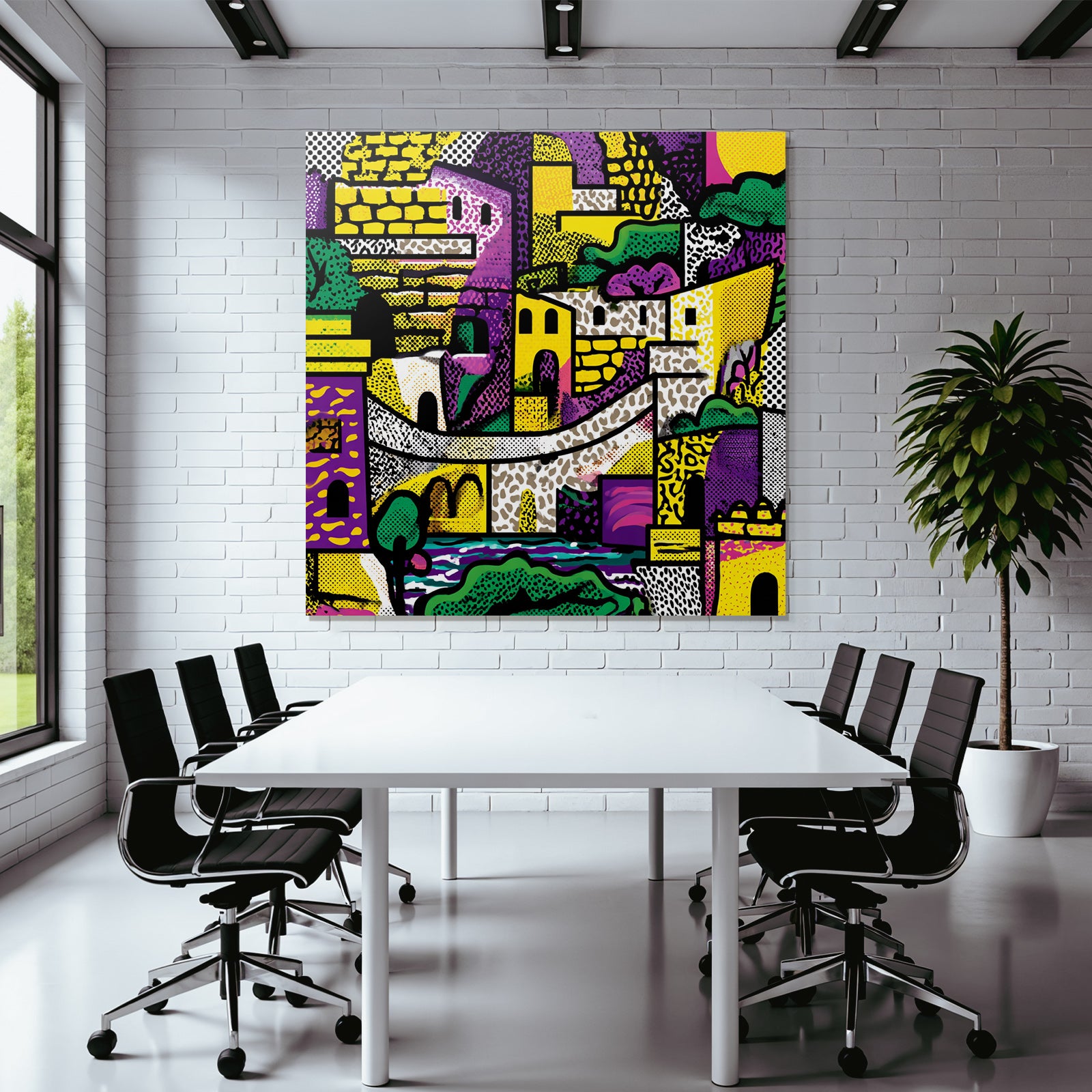 PopArt Farbenfrohe Abstrakte Stadtlandschaft Mit Gebaeuden Brön Und Natur