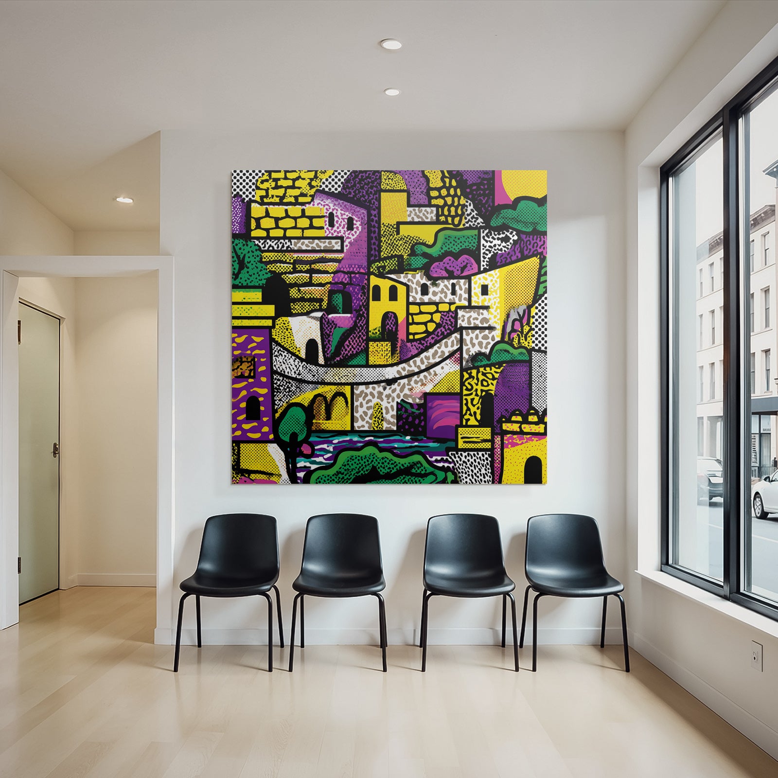 PopArt Farbenfrohe Abstrakte Stadtlandschaft Mit Gebaeuden Brön Und Natur