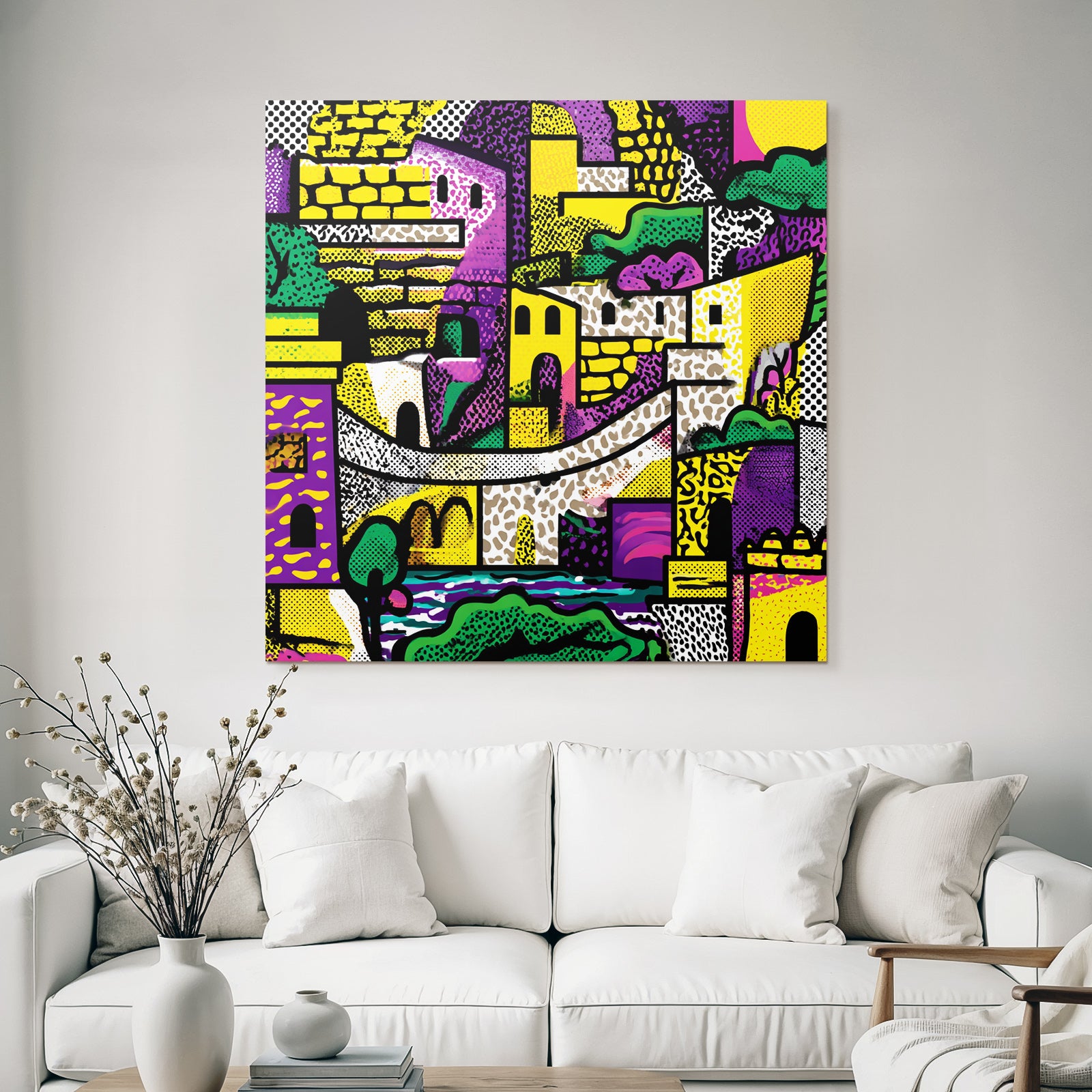 PopArt Farbenfrohe Abstrakte Stadtlandschaft Mit Gebaeuden Brön Und Natur
