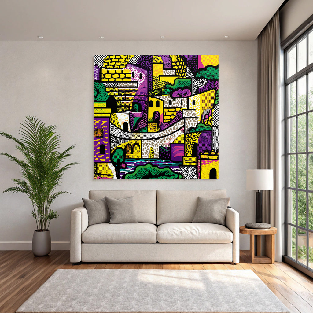 PopArt Farbenfrohe Abstrakte Stadtlandschaft Mit Gebaeuden Brön Und Natur