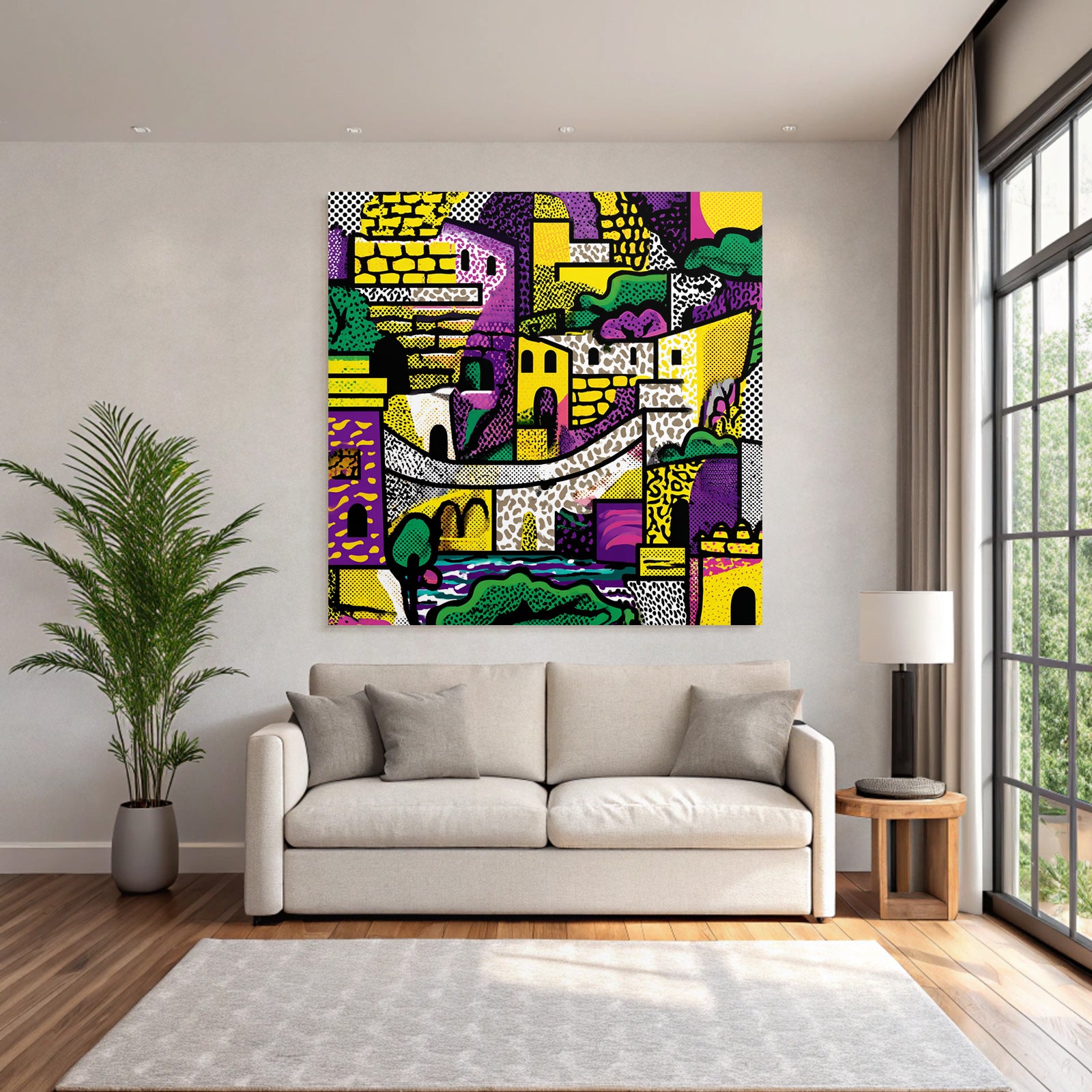 PopArt Farbenfrohe Abstrakte Stadtlandschaft Mit Gebaeuden Brön Und Natur