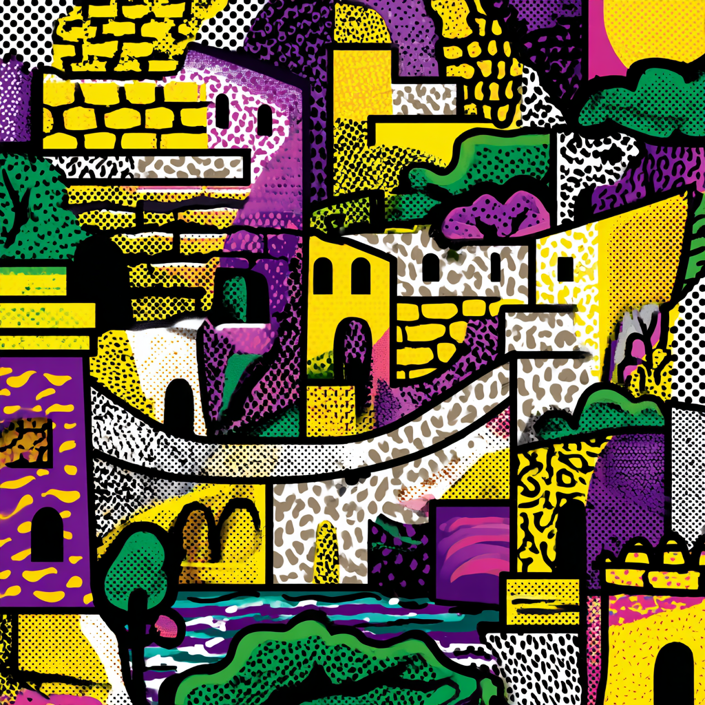 PopArt Farbenfrohe Abstrakte Stadtlandschaft Mit Gebaeuden Brön Und Natur | Pop Art | Stilrichtungen