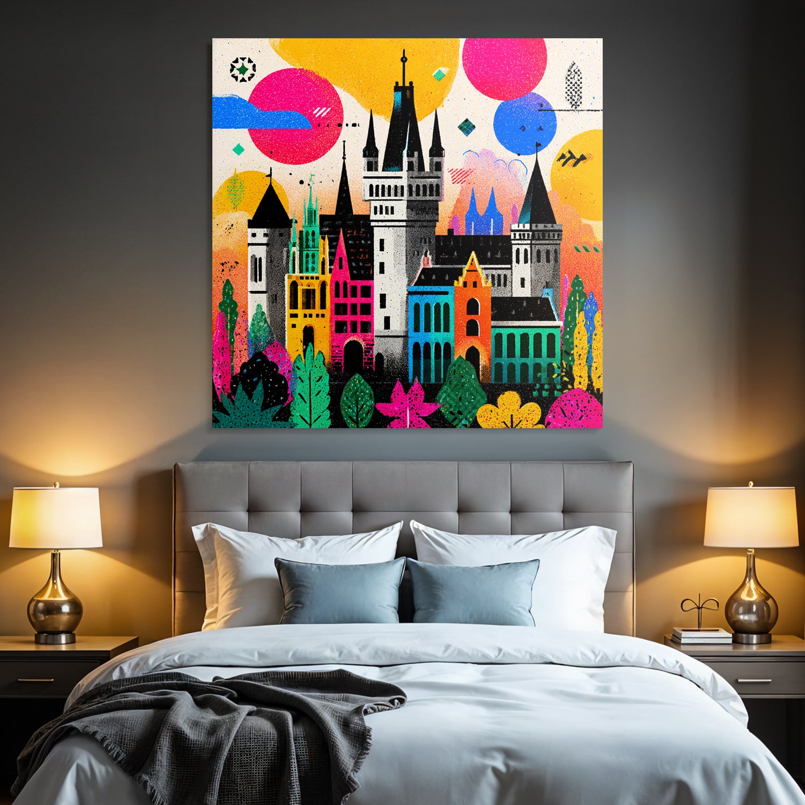 PopArt Farbenfrohes Schloss Mit Vibranten Landschaften Und Fantasieelementen