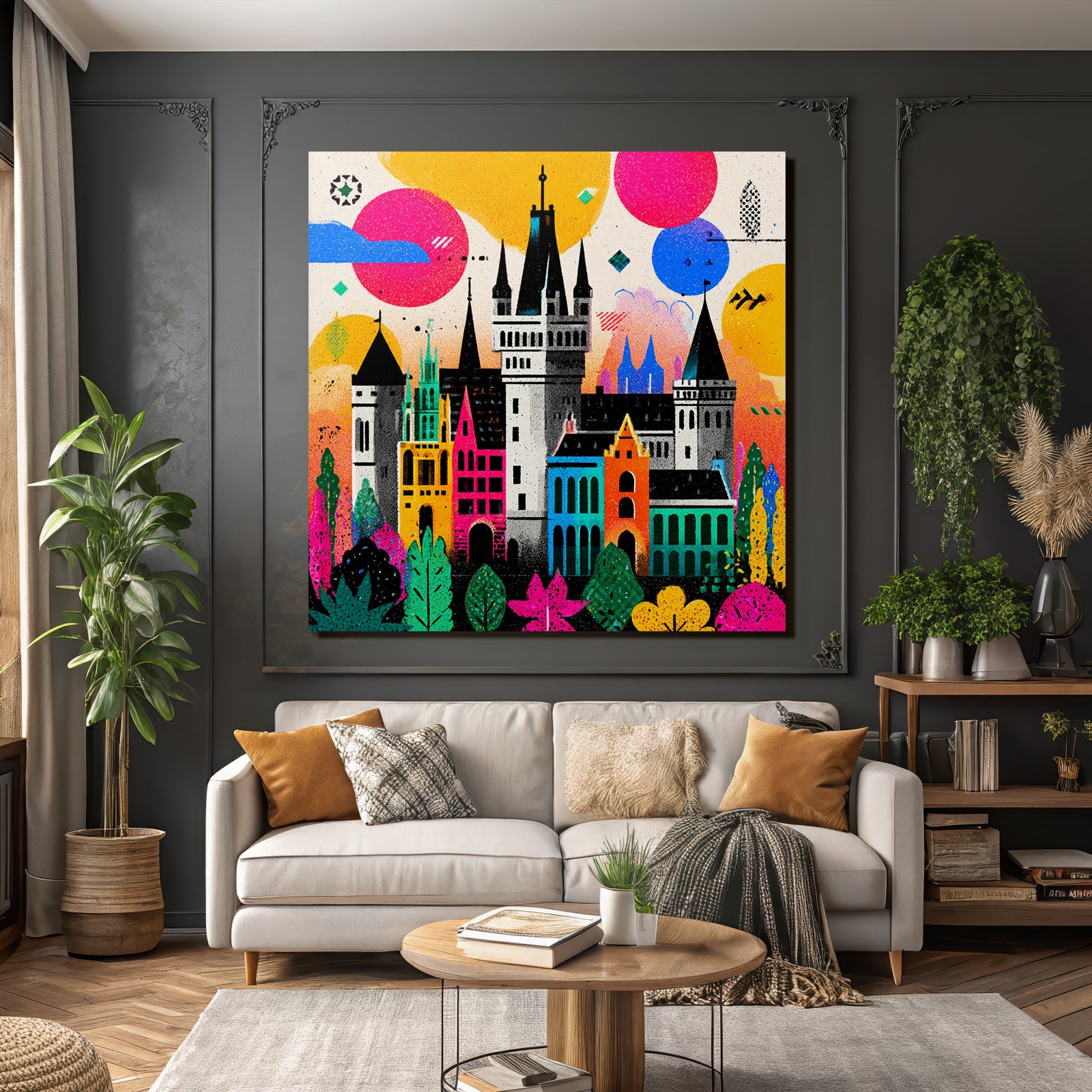 PopArt Farbenfrohes Schloss Mit Vibranten Landschaften Und Fantasieelementen